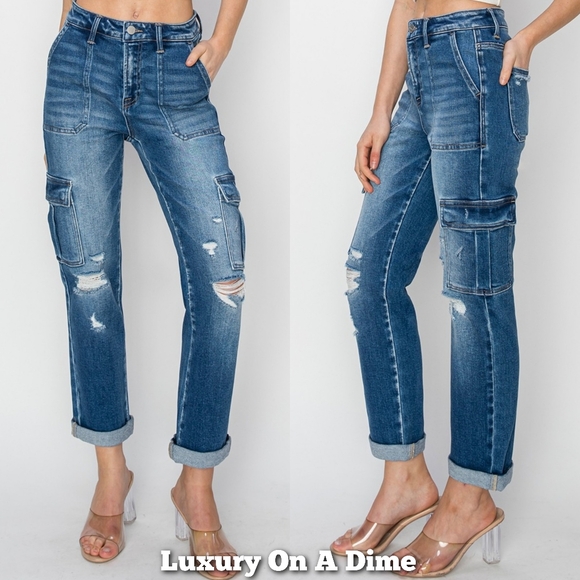 RISEN Retro 90 Cargo High-Rise Distressed Rolled Ankle Denim Jeans Utility Pants - Picture 1 of 15